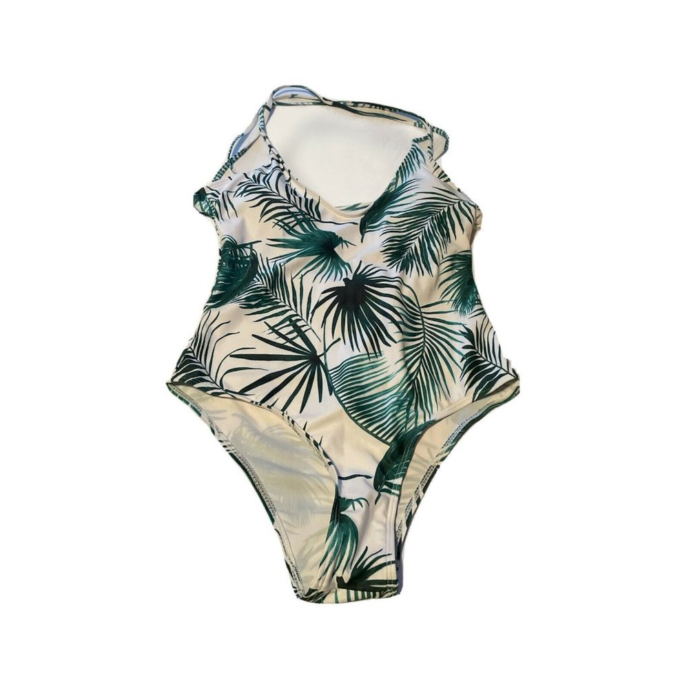 Women Green White Palm Tree Print Swim Suit One Pi